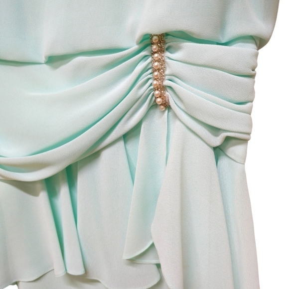 Ursula of Switzerland VTG 80s 90s drop waist crepe dress, light aqua, LS - Picture 4 of 15